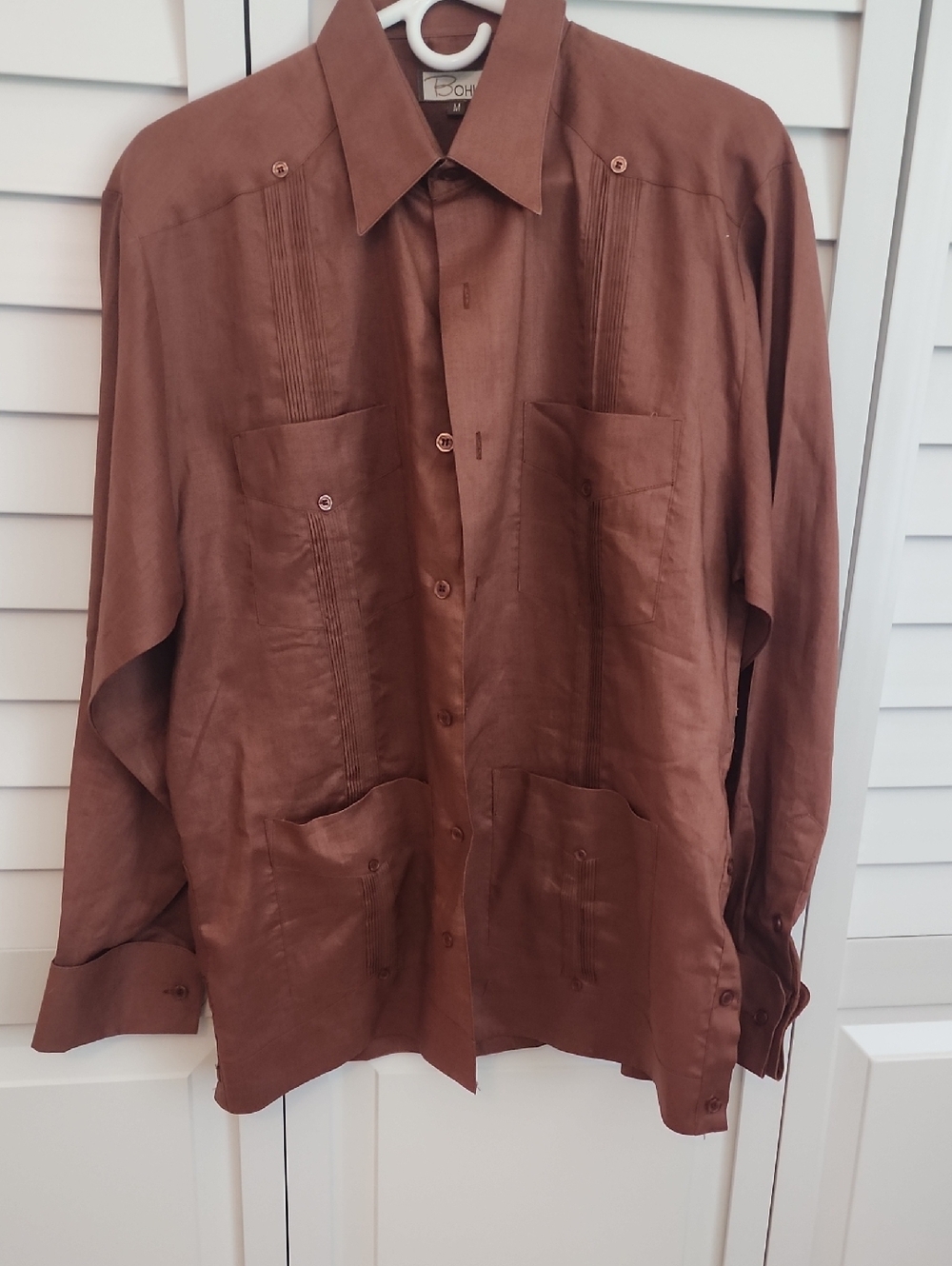 Brown Guayabera-Style Button-Down Shirt